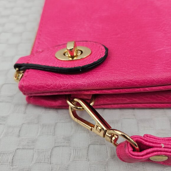 Crossbody Pink Cherry Vegan Leather Leopard Print Lining Purse Clutch Wristlet - Picture 4 of 9